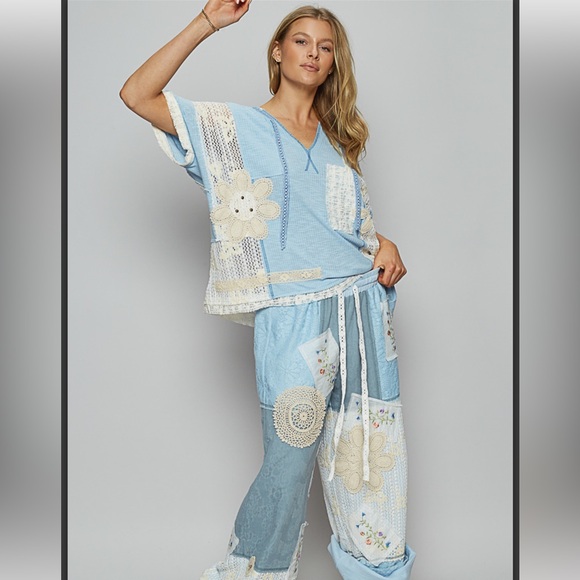 #115 POL Blue and Cream Patchwork Pants - Picture 1 of 2